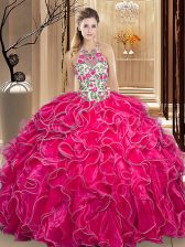  Scoop Sleeveless Organza Floor Length Backless Sweet 16 Dress in Hot Pink with Embroidery and Ruffles