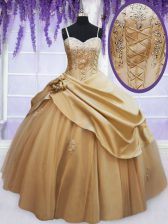  Champagne Taffeta Lace Up Quinceanera Gowns Sleeveless Floor Length Beading and Appliques and Hand Made Flower