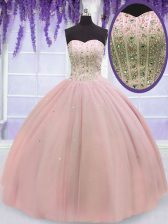 Free and Easy Baby Pink Tulle Lace Up Sweetheart Sleeveless Floor Length Quinceanera Dress Beading