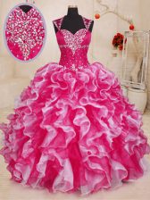 Graceful White And Red Sleeveless Organza Lace Up Vestidos de Quinceanera for Military Ball and Sweet 16 and Quinceanera