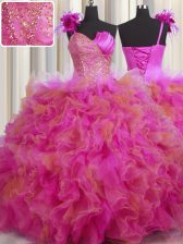  Handcrafted Flower Multi-color Tulle Lace Up One Shoulder Sleeveless Floor Length Quinceanera Gown Beading and Ruffles and Hand Made Flower