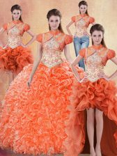 Spectacular Four Piece Straps Sleeveless Brush Train Beading and Ruffles Lace Up Quince Ball Gowns