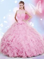 Excellent Tulle Halter Top Sleeveless Lace Up Beading and Ruffles Quinceanera Dresses in Rose Pink