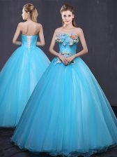 Romantic Ball Gowns Vestidos de Quinceanera Baby Blue Strapless Tulle Sleeveless Floor Length Lace Up