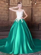  Scoop Elastic Woven Satin Sleeveless With Train Quinceanera Dress Court Train and Lace and Appliques