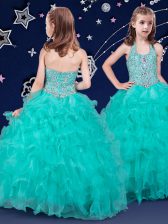  Halter Top Turquoise Sleeveless Beading and Ruffles Floor Length Little Girl Pageant Dress