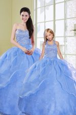Eye-catching Sleeveless Floor Length Beading Lace Up 15 Quinceanera Dress with Light Blue
