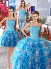 Great Three Piece White and Baby Blue Sleeveless Beading Floor Length Sweet 16 Dresses