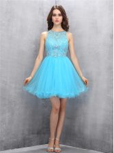  A-line Prom Evening Gown Baby Blue Scoop Organza Sleeveless Knee Length Zipper