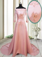  Square Long Sleeves With Train Zipper Homecoming Dress Peach for Prom and Party with Beading and Appliques Brush Train