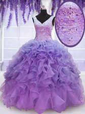 Exquisite Sleeveless Floor Length Beading and Embroidery and Ruffles Lace Up Sweet 16 Dresses with Lavender