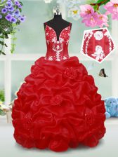  Red Ball Gowns Organza Spaghetti Straps Sleeveless Beading and Pick Ups and Hand Made Flower Floor Length Lace Up Kids Pageant Dress