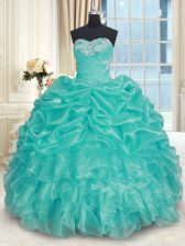  Organza Sweetheart Sleeveless Lace Up Beading and Ruffles Sweet 16 Quinceanera Dress in Turquoise