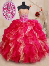  Red Ball Gowns Sweetheart Sleeveless Organza Floor Length Lace Up Beading and Ruffles 15th Birthday Dress