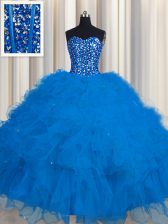 Custom Fit Visible Boning Blue Lace Up Sweet 16 Quinceanera Dress Beading and Ruffles and Sequins Sleeveless Floor Length