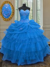Excellent Blue Lace Up Sweetheart Beading and Ruffled Layers and Pick Ups Quinceanera Dresses Organza Sleeveless