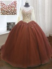 Fantastic Scoop Long Sleeves Organza Sweep Train Lace Up Quinceanera Dresses in Burgundy with Beading and Sequins
