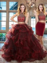  Halter Top Sleeveless Tulle Brush Train Backless Quince Ball Gowns in Burgundy with Beading and Ruffles