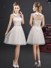Dramatic Knee Length Champagne Quinceanera Court of Honor Dress High-neck Sleeveless Lace Up