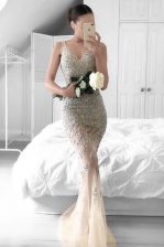 Fashion Mermaid Zipper Dress for Prom Champagne for Prom with Beading and Lace Sweep Train
