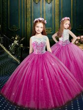  Eggplant Purple Ball Gowns Tulle Scoop Sleeveless Beading and Appliques Floor Length Clasp Handle Little Girls Pageant Gowns
