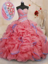 New Arrival With Train Coral Red Quinceanera Dress Sweetheart Sleeveless Brush Train Lace Up