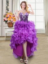 Low Price Eggplant Purple Sleeveless Organza Lace Up Dress for Prom for Prom and Party