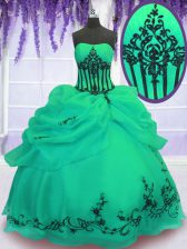 Hot Sale Green Quinceanera Gowns Military Ball and Sweet 16 and Quinceanera with Embroidery Strapless Sleeveless Lace Up
