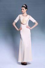 Sophisticated Scoop Champagne Zipper Prom Dresses Beading and Ruching Short Sleeves Floor Length