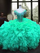  Turquoise Sweetheart Lace Up Beading and Ruffles Sweet 16 Dress Cap Sleeves