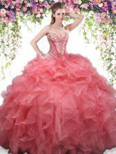 Gorgeous Coral Red Organza Lace Up 15 Quinceanera Dress Sleeveless Floor Length Beading and Ruffles