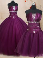 Chic Three Piece Tulle Strapless Sleeveless Lace Up Beading Ball Gown Prom Dress in Dark Purple