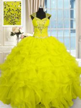 Delicate Straps Cap Sleeves Quince Ball Gowns Floor Length Beading and Ruffles Yellow Organza