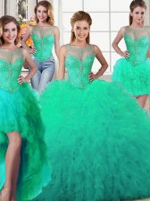 Graceful Four Piece Scoop Floor Length Turquoise 15 Quinceanera Dress Tulle Sleeveless Beading and Ruffles