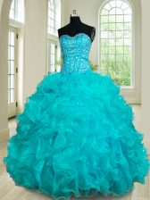 Admirable Teal Ball Gowns Sweetheart Sleeveless Organza Floor Length Lace Up Beading and Ruffles Quinceanera Gowns