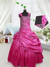  Sleeveless Satin Floor Length Lace Up Child Pageant Dress in Hot Pink with Beading and Pick Ups