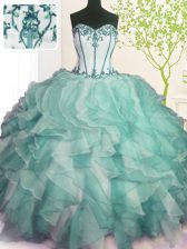 Best Green Ball Gowns Sweetheart Sleeveless Organza Floor Length Lace Up Beading and Ruffles 15 Quinceanera Dress