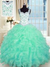 Fitting Turquoise Organza Lace Up 15 Quinceanera Dress Sleeveless Floor Length Beading and Appliques and Ruffles