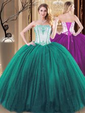 Dramatic Tulle and Sequined Strapless Sleeveless Lace Up Embroidery Quince Ball Gowns in Green