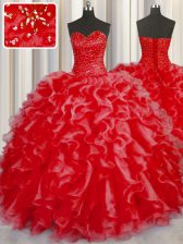 Custom Designed Coral Red Halter Top Neckline Beading and Ruffles 15th Birthday Dress Sleeveless Lace Up