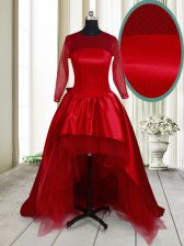 Suitable Scoop Wine Red A-line Bowknot Evening Dress Clasp Handle Taffeta and Tulle Long Sleeves High Low