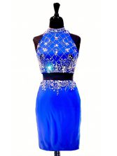 Nice Royal Blue Column/Sheath High-neck Sleeveless Elastic Woven Satin Mini Length Zipper Beading Prom Evening Gown