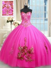 Eye-catching Hot Pink Tulle Lace Up Sweetheart Sleeveless Floor Length Quince Ball Gowns Beading and Appliques and Embroidery
