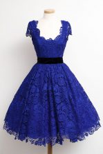  Royal Blue Homecoming Dress Prom and Party with Lace Scoop Cap Sleeves Zipper