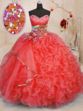 Floor Length Ball Gowns Sleeveless Coral Red Quinceanera Dresses Lace Up