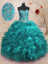 Fantastic Teal Sweetheart Lace Up Beading and Ruffles Quinceanera Dresses Sweep Train Sleeveless