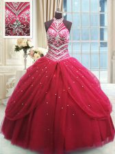 Suitable Floor Length Lace Up Sweet 16 Dress Red for Military Ball and Sweet 16 and Quinceanera with Beading