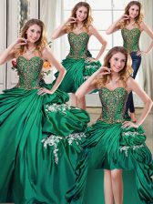  Four Piece Sleeveless Taffeta Floor Length Lace Up Sweet 16 Dress in Dark Green with Beading and Appliques and Pick Ups