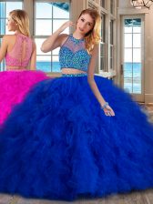  Royal Blue Tulle Lace Up High-neck Sleeveless With Train 15 Quinceanera Dress Brush Train Beading and Ruffles