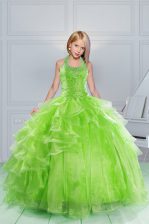 Super Halter Top Sleeveless Organza Floor Length Lace Up Little Girls Pageant Gowns in Apple Green with Beading and Ruching